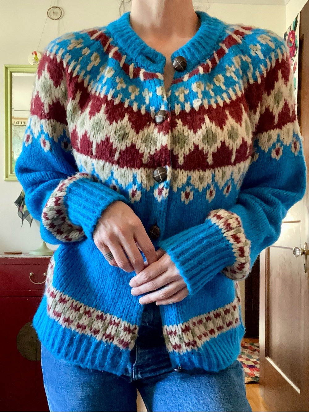 Cozy Blue Fair Isle Button-Up Sweater Cardigan - Urban Outfitters